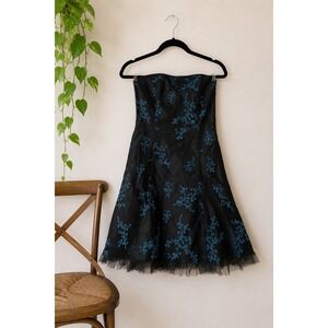 Vintage 90s Jessica McClintock Gunne Sax Strapless Blue Floral Prom Dress Size 9